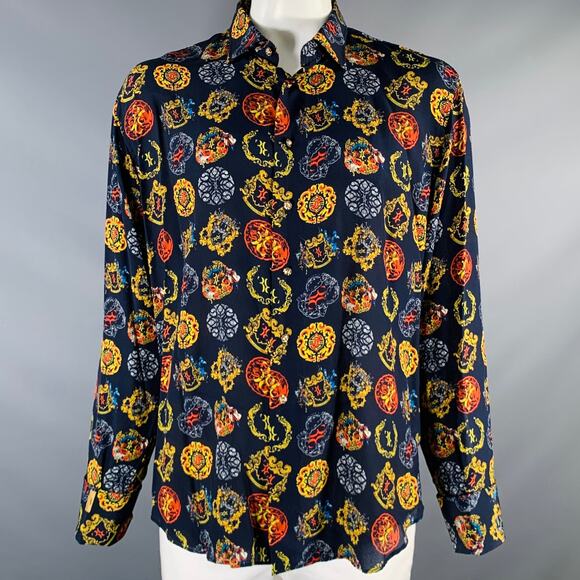 BILLIONAIRE COUTURE Size XL Navy Multi-Color Print Silk Long Sleeve Shirt - Picture 1 of 5